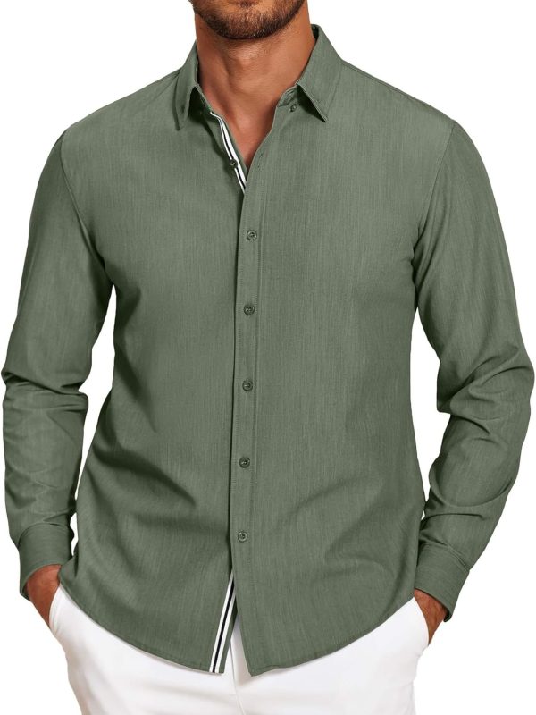 Mens Casual Button Down Shirt Untucked Long Sleeve Stretch Denim Dress Shirt