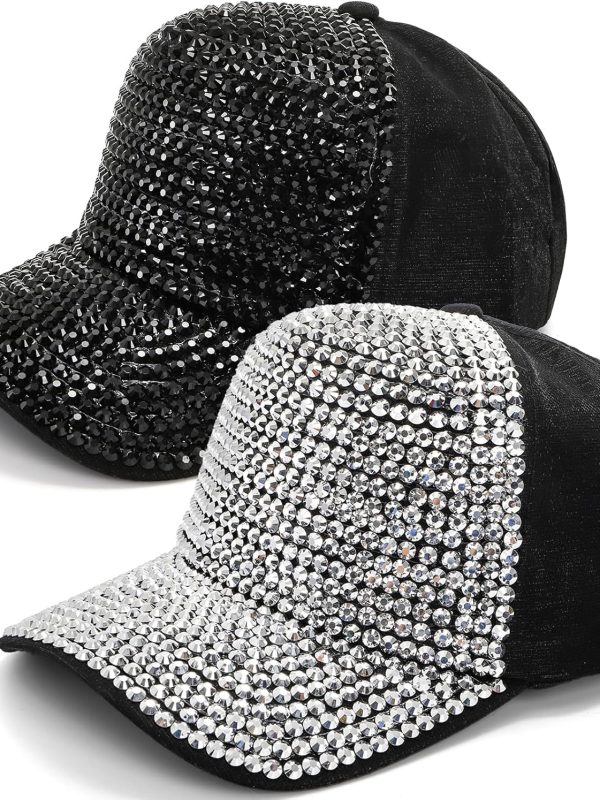 Set of 2 Rhinestone Baseball Caps, Adjustable Snapback Baseball Hat for Women Men, Breathable Sparkle Bling Sun Hat for Sport, Party, Outdoor Activities Black